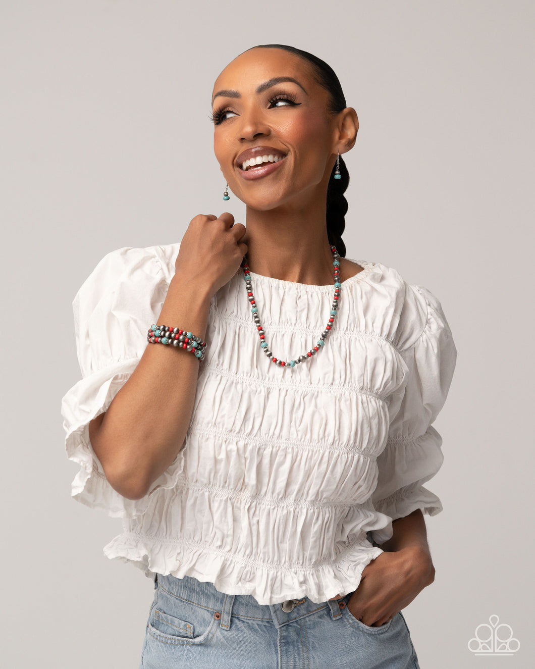 Complete Look: Red and Blue Stone Necklace and Coil Bracelet