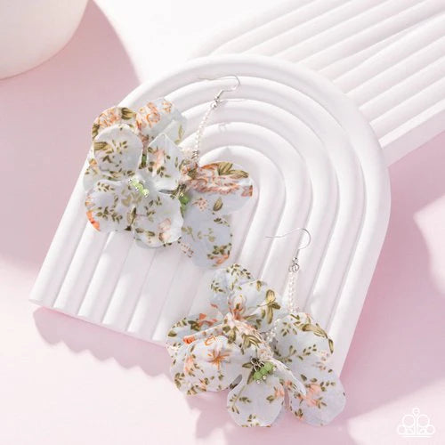 Flourishing Fantasia - Blue Fabric Petal Silver Fishhook Earrings - Empower Me Pink Exclusive 2025 - Paparazzi Accessories