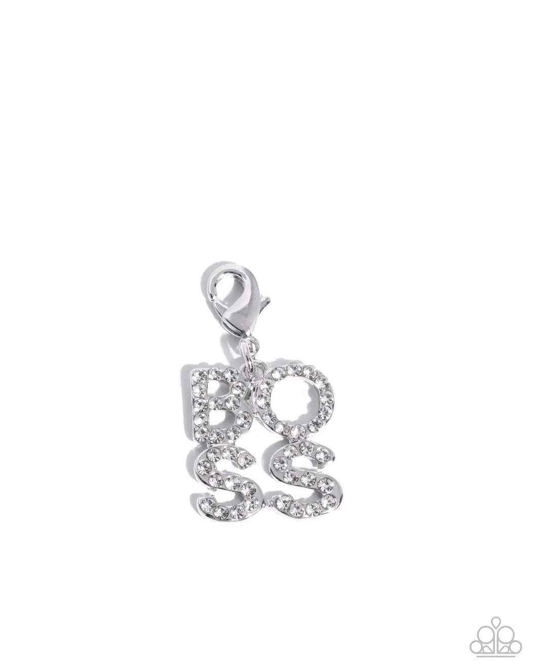 Boss of the House - White Rhinestone BOSS Rhodium Plated Charm - Paparazzi