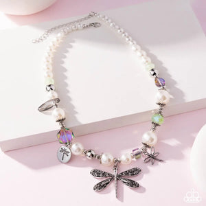 Dragonfly Delight - Multi UV & White Pearl Beads Silver Charm Necklace - Empower Me Pink Exclusive 2025 - Paparazzi Accessories