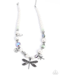 Dragonfly Delight - Multi UV & White Pearl Beads Silver Charm Necklace - Empower Me Pink Exclusive 2025 - Paparazzi Accessories