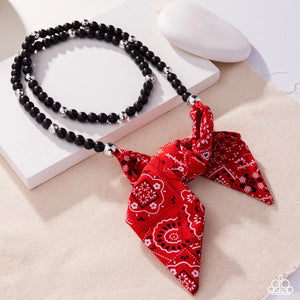 Bandana Ballad - Multi - Black Stone Beads Red Fabric Tie Closure Necklace - Empower Me Pink Exclusive 2025 - Paparazzi Accessories