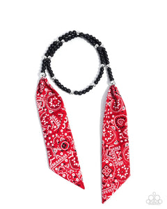 Bandana Ballad - Multi - Black Stone Beads Red Fabric Tie Closure Necklace - Empower Me Pink Exclusive 2025 - Paparazzi Accessories