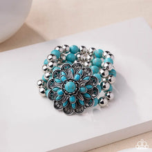 Load image into Gallery viewer, Floral Figment - Blue Turquoise Marble Stone Silver Flower Stretchy Bracelet - Empower Me Pink Exclusive 2025 - Paparazzi Accessories