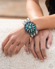 Load image into Gallery viewer, Floral Figment - Blue Turquoise Marble Stone Silver Flower Stretchy Bracelet - Empower Me Pink Exclusive 2025 - Paparazzi Accessories