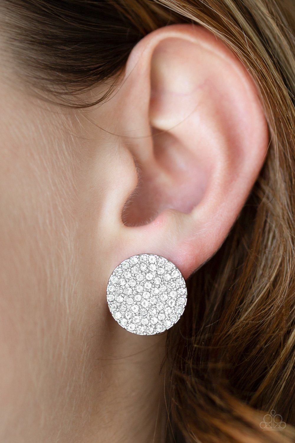 RADIANT RIPPLES - WHITE RHINESTONE SILVER CIRCLE POST EARRINGS - BRING BACK EXCLUSIVE - PAPARAZZI