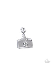 Load image into Gallery viewer, Capturing Memories - White Rhinestone Camera Rhodium Plated Charm - Paparazzi